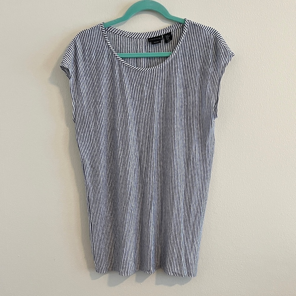 Tahari Blue and White Striped Short Sleeve Linen Tee